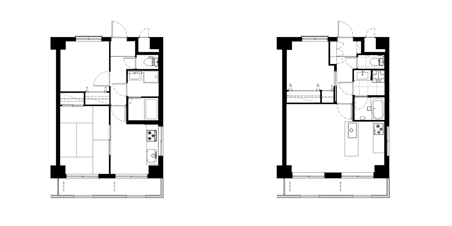 Before / After 既存の2DKを、生活動線を整理した1LDKへ再構成